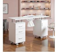 Table de Manucure avec Système d'aspiration des Poussières - 3 Tiroirs - 1 Armoires - Repose - sur Roulettes avec Frein (Blanc)