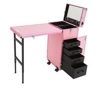 Table de Manucure Pliable 4 Tiroirs, Roues, Bluetooth, Rose, 50kg Miroir | Double verrouillage ode, miroir LED, enceinte Bluetooth, télécommande, compartiment supérieur, 4 roues freins.