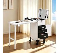 Table de manucure pliable, valise de maquillage à roulettes, poste de travail mobile pour prothésiste ongulaire, chariot cosmétique avec miroir LED à intensité variable(E)