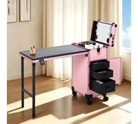 Table de manucure pliable, valise de maquillage à roulettes, poste de travail mobile pour prothésiste ongulaire, chariot cosmétique avec miroir LED à intensité variable(D)