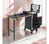 Table de manucure pliable, valise de maquillage à roulettes, poste de travail mobile pour prothésiste ongulaire, chariot cosmétique avec miroir LED à intensité variable(A)