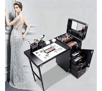 Table de manucure pliable, valise de voyage verrouillable, table de manucure avec roulettes et miroir, poste de travail de voyage pour artistes en salon de beauté, maquillage(Black)