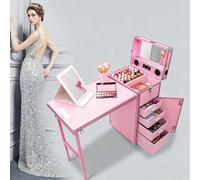 Table de manucure pliable, valise de voyage verrouillable, table de manucure avec roulettes et miroir, poste de travail de voyage pour artistes en salon de beauté, maquillage(Pink)