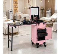Table de manucure portable à roulettes, mallette de maquillage verrouillable, miroir LED et organisateur de vernis à ongles, poste de travail mobile pliable pour technicienne en onglerie