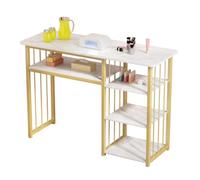 Table de manucure, poste de travail avec étagères, bureau effet marbre | Structure en panneaux de densité, 3 étagères ouvertes, cadre en métal doré, idéal pour salon ou domicile Blanc