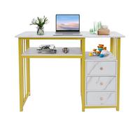 Table de manucure professionnelle, avec 3 tiroirs et 100 cm de long, aspect marbre élégant en or et blanc, robuste, en planche de densité et cadre en acier, idéale pour les salons de manucure, les