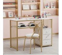 Table de Manucure Professionnelle avec 3 Tiroirs, Plateau Effet Marbre Blanc, Structure Métal Doré, 110 x 46 x 81,5 cm