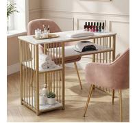 Table de Manucure Professionnelle Onglerie, Bureau Nail Art avec Rangements, Effet Marbre Blanc, Métal Doré, 110 x 46 x 81,5 cm