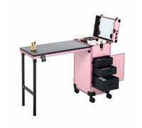 Table de manucure roulante, poste de travail pour salon de beauté, chariot cosmétique de voyage avec 3 tiroirs et miroir LED, organisateur de rangement pour prothésistes ongulaires(E)