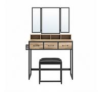 Table de Maquillage avec Tabouret Rembourré, avec Miroir Triple, 3 Tiroirs, Porte-sèche-Cheveux, Pot, Marron et Noir