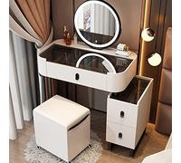 Table de maquillage blanche avec miroir LED et plateau en verre trempé, 3 tiroirs, tabouret inclus, 3 modes d'éclairage, design compact pour les petits espaces