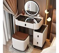 Table de maquillage blanche avec miroir LED et plateau en verre trempé, tabouret de rangement à 3 tiroirs inclus, 3 modes d'éclairage, parfait pour les petits espaces, design élégant
