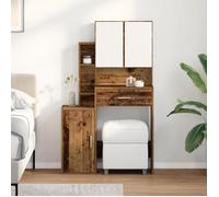 Table de maquillage - Bois vieilli - Miroir inclus - Rangements pratiques - LED lumineux