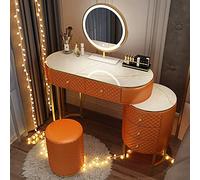 Table de maquillage d'angle élégante de 100 cm avec miroir rotatif à 360°, meuble à 5 à 6 tiroirs et banc confortable pour le maquillage et le toilettage des femmes.
