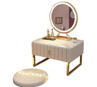 Table de maquillage élégante à LED avec tiroirs - Design baie vitrée - Table basse en velours avec tapis pour chambre à coucher - Gris et rose - Taille XXL