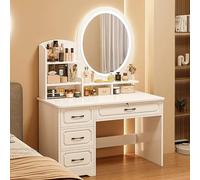Table de maquillage lumineuse 3 en 1 avec miroir rabattable, 3 couleurs LED, 4 ders, tabouret rembourré Sto amovible, coiffeuse moderne pour chambre à coucher