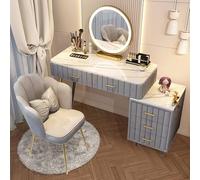 Table de Maquillage Moderne avec Miroir, Coiffeuse avec Lumière LED,Luminosité Réglable, Vanité en Bois Massif avec Tiroirs, Chaise en Velours Floral pour Femmes et Filles, Installation Flexible.