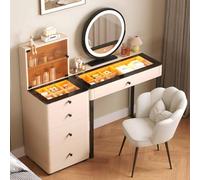 Table de maquillage moderne avec miroir et lumières LED Tempe S Top réversible 4Sto Tabouret pré-assemblé Parfait pour les petites chambres et la décoration