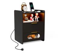 Table de nuit avec prise électrique & USB, 2 Led Light avec 2 tiroirs, Compartiment ouvert, Table d'appoint avec station de recharge, Table de nuit Noir
