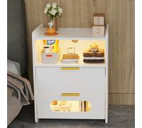 Table de nuit avec prise électrique & USB, lumière 2 Led avec 2 tiroirs, compartiment ouvert, table d'appoint avec station de recharge, table de chevet blanc