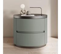 Table de Nuit en Bois Minimaliste Moderne avec 2 tiroirs Table Ronde d'extrémité avec Microfibre en Cuir étalé Table de Nuit élégante pour Chambre à Coucher et Salon (Beige)