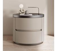 Table de Nuit en Bois Minimaliste Moderne avec 2 tiroirs Table Ronde d'extrémité avec Microfibre en Cuir étalé Table de Nuit élégante pour Chambre à Coucher et Salon (Beige)