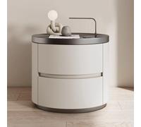 Table de Nuit en Bois Minimaliste Moderne avec 2 tiroirs Table Ronde d'extrémité avec Microfibre en Cuir étalé Table de Nuit élégante pour Chambre à Coucher et Salon (Beige)