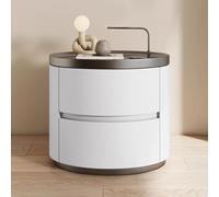Table de Nuit en Bois Minimaliste Moderne avec 2 tiroirs Table Ronde d'extrémité avec Microfibre en Cuir étalé Table de Nuit élégante pour Chambre à Coucher et Salon (Beige)