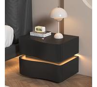 Table De Nuit Moderne Avec 2 Tiroirs,Table De Chevet En Bois Massif Avec Éclairage,Table D'appoint De Rangement Robuste Avec Design De Vague,avec Lumières Réglables,pour Chambre(Black,L*H50*50cm/20*20