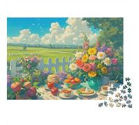 Table de Pique-Nique de Jardin Puzzle 1000 Pièces Papier Fleurs Champêtres Puzzle pour Adultes Relaxation Décoration Cadeau 38x26cm/1000pcs