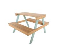 Table de pique-nique. salon de jardin enfant bois d'acacia + 2 places couleur teck clair et vert de gris