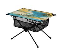 Table de plage pliable bleu ciel et mer jaune sable plage avec quelques cocotiers verts table de plage robuste avec sac de transport pour barbecue, camping, cuisine