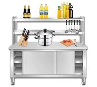 Table de préparation commerciale en acier inoxydable avec double étagère et armoire de rangement, station de travail multifonctionnelle pour restaurant, maison et hôtel