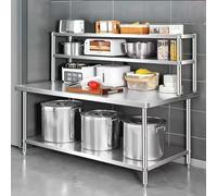 Table de préparation des aliments de cuisine en acier inoxydable à 2 niveaux pour restaurant, école, hôpital, restauration, établi avec rangement