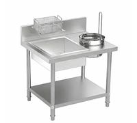 Table de préparation des aliments frits, plan de travail autoportant en acier inoxydable avec grands bacs carrés et ronds pour des opérations efficaces de panage et de friture