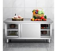 Table de préparation en acier inoxydable pour cuisine et restaurant, table de travail commerciale avec porte coulissante amovible, armoires de rangement durables, 100 x 60 cm, idéale pour le garage et