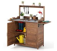 Table de Rempotage Extérieur COSTWAY, Établi en Bois avec Plateau Métallique, Portes, Étagères Latérales Pliables, Étagère Réglable