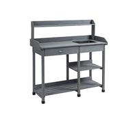 Table de rempotage jardinage multi-équipée - tiroir, 3 étagères, évier, 3 crochets - bois sapin pré-huilé gris