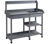 Table De Rempotage Jardinage Multi-?Quip?E - Tiroir, 3 ?Tag?Res, ?Vier, 3 Crochets - Bois Sapin Pr?-Huil? Gris