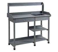 Outsunny Table de rempotage Bois de sapin pré-huilé 115x45x121 cm – tiroir, 3 étagères, évier, gris