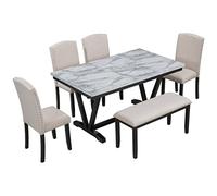 Table de salle à manger 6 pièces, 4 chaises, 1 tabouret, plateau contemporain en placage de marbre et pieds en V (D comme indiqué)