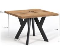 Table de salle à manger carrée extensible, NERO, style loft, scandinave, 90 / 190 cm, Couleur : Chêne Lancelot / Noir