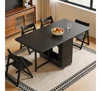 Table de salle à manger compacte pliable avec 4 chaises - Bois massif noir, design feuilles tombantes peu encombrantes, rangement caché, roues mobiles - Parfait pour les petits espaces, 130 cm