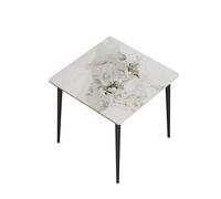 Table de salle à manger, design carré, plateau en marbre, pieds en métal, blanc et émeraude
