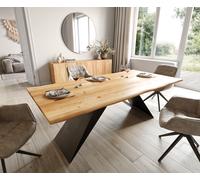 Table de salle à manger Edge 200x100x2,5 chêne naturel piétement en V acier plat noir Live-Edge