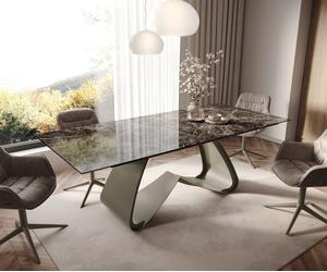 Table de salle à manger Edge Céramique Emperador Extra Lucidato Brun foncé 180-220x100 Piètement en W finition effet Titane extensible