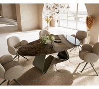 Table de salle à manger Edge Ovale Céramique Emperador Extra Lucidato Brun foncé 220x120 Piètement en W Métal finition effet Titane