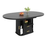 Table De Salle À Manger Extensible 118-158x118x77cm Noire, Ronde Transformable En Ovale, 3 Niveaux Rangement, Jusqu'à 6 Personnes