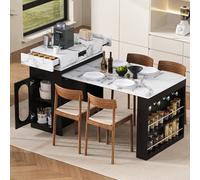 Table de salle à manger extensible avec plateau supérieur pliable sur roulettes avec crochets pour prise de courant, buffet pour salle à manger, salon - Marbre noir et blanc