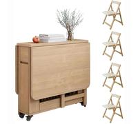 Table de salle à manger extensible en bois massif avec 4 chaises rétractables pour salon et cuisine - Ensemble de salle à manger portable et peu encombrant